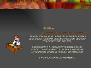 SIVIGILA 1.SENSIBILIZACIÓN A LAS UPGDS DEL MUNICIPIO  ACERCA DE LA OBLIGATORIEDAD  DE LA NOTIFICACIÓN  DECRETO 3518 DE OCTUBRE 9 DE 2006 2. SEGUIMIENTO A LOS PACIENTES-BÚSQUEDA  DE CONTACTOS-SEGUIMIENTO A LAS EPS SUBSIDIADAS ANTIGUAS ARS-UPGDS EL RÉGIMEN CONTRIBUTIVO 3. NOTIFICACIÓN AL DEPARTAMENTO 
