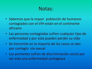 Notas:Sabemos que la mayor  población de humanos contagiados con el VIH están en el continente africanoLas personas contagiadas sufren cualquier tipo de enfermedad y por esta pueden perder su vidaSe transmite en la mayoría de los casos se dan por contagio  vía sexualLos portantes sufren de discriminación social por ser esta una enfermedad contagiosa