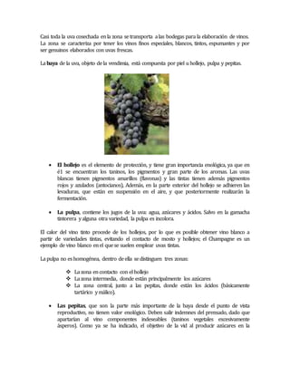 Casi toda la uva cosechada en la zona se transporta a las bodegas para la elaboración de vinos. 
La zona se caracteriza por tener los vinos finos especiales, blancos, tintos, espumantes y por 
ser genuinos elaborados con uvas frescas. 
La baya de la uva, objeto de la vendimia, está compuesta por piel u hollejo, pulpa y pepitas. 
 El hollejo es el elemento de protección, y tiene gran importancia enológica, ya que en 
é1 se encuentran los taninos, los pigmentos y gran parte de los aromas. Las uvas 
blancas tienen pigmentos amarillos (flavonas) y las tintas tienen además pigmentos 
rojos y azulados (antocianos), Además, en la parte exterior del hollejo se adhieren las 
levaduras, que están en suspensión en el aire, y que posteriormente realizarán la 
fermentación. 
 La pulpa, contiene los jugos de la uva: agua, azúcares y ácidos. Salvo en la gamacha 
tintorera y alguna otra variedad, la pulpa es incolora. 
El calor del vino tinto procede de los hollejos, por lo que es posible obtener vino blanco a 
partir de variedades tintas, evitando el contacto de mosto y hollejos; el Champagne es un 
ejemplo de vino blanco en el que se suelen emplear uvas tintas. 
La pulpa no es homogénea, dentro de ella se distinguen tres zonas: 
 La zona en contacto con el hollejo 
 La zona intermedia, donde están principalmente los azúcares 
 La zona central, junto a las pepitas, donde están los ácidos (básicamente 
tartárico y málico). 
 Las pepitas, que son la parte más importante de la baya desde el punto de vista 
reproductivo, no tienen valor enológico. Deben salir indemnes del prensado, dado que 
apartarían al vino componentes indeseables (taninos vegetales excesivamente 
ásperos). Como ya se ha indicado, el objetivo de la vid al producir azúcares en la 
 