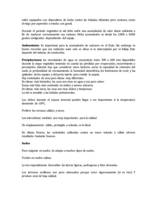 estén equipados con dispositivos de lucha contra las heladas, eficientes pero costosos, como 
el riego por aspersión o estufas con gasoil. 
Durante el período vegetativo la vid debe sufrir una acumulación de calor diario suficiente a 
fin de madurar correctamente sus racimos. Dicha acumulación va desde los 2.800 a 4.000 
grados centígrados dependiendo del cepaje. 
Asoleamiento: Es importante para la acumulación de azúcares en el fruto. Sin embargo es 
bueno recordar que esa radiación solar solo es eficaz si es interceptada por el follaje. Esto 
depende del sistema de conducción. 
Precipitaciones: las necesidades de agua se encuentran entre 300 a 600 mm disponibles 
durante la etapa vegetativa teniendo en cuenta las pérdidas por evaporación, escurrimiento y 
percolación. Además hay que considerar otros factores, corno la capacidad de retención del 
suelo, la profundidad de enraizamiento, la humedad atmosférica, los fenómenos de rocío y las 
aptitudes de los cepajes y del porta injerto para resistir la sequía. 
Hay variedades de uvas para climas muy diferentes. 
En climas más húmedos, las uvas son ricas en agua y con poco sabor. 
Zonas más frías más contenido en ácidos y menos azúcares. 
En climas más secos, las uvas son muy dulces y tempranas. 
La vid es sensible a las heladas primaverales. 
Los daños durante el reposo invernal pueden llegar a ser importantes si la temperatura 
desciende de -18ºC. 
Prefiere los veranos cálidos y secos. 
Los microclimas también son muy importantes para la calidad 
Un emplazamiento cálido, protegido y soleado, es lo ideal. 
En climas frescos, las variedades cultivadas contra un muro soleado y cálido ofrecen 
resultados bastante buenos. 
Suelos 
Poco exigente en suelos. Se adapta a muchos tipos de suelos. 
Va bien en suelos calizos. 
Le son especialmente favorables las tierras ligeras, pedregosas y bien drenadas. 
Los terrenos arcillosos son poco adecuados porque crece vigorosamente (sí es rico) Y 
produce uvas de baja calidad. 
 