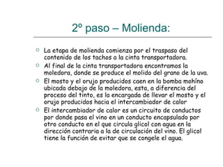 2º paso – Molienda:  La etapa de molienda comienza por el traspaso del contenido de los tachos a la cinta transportadora. Al final de la cinta transportadora encontramos la moledora, donde se produce el molido del grano de la uva.  El mosto y el orujo producidos caen en la bomba mohíno ubicada debajo de la moledora, esta, a diferencia del proceso del tinto, es la encargada de llevar el mosto y el orujo producidos hacia el intercambiador de calor El intercambiador de calor es un circuito de conductos por donde pasa el vino en un conducto encapsulado por otro conducto en el que circula glicol con agua en la dirección contraria a la de circulación del vino. El glicol tiene la función de evitar que se congele el agua. 