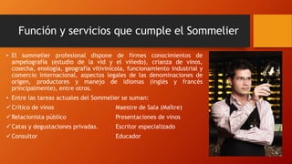 Función y servicios que cumple el Sommelier 
• El sommelier profesional dispone de firmes conocimientos de 
ampelografía (estudio de la vid y el viñedo), crianza de vinos, 
cosecha, enología, geografía vitivinícola, funcionamiento industrial y 
comercio internacional, aspectos legales de las denominaciones de 
origen, productores y manejo de idiomas (inglés y francés 
principalmente), entre otros. 
• Entre las tareas actuales del Sommelier se suman: 
 Crítico de vinos Maestre de Sala (Maître) 
Relacionista público Presentaciones de vinos 
Catas y degustaciones privadas. Escritor especializado 
Consultor Educador 
 