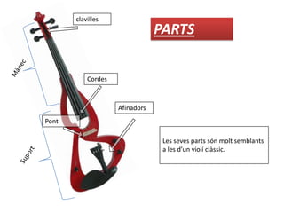 Cordes
clavilles
Afinadors
Les seves parts són molt semblants
a les d’un violí clàssic.
Pont
PARTS
 