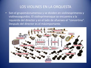 LOS VIOLINES EN LA ORQUESTASon el grupomásnumeroso y se dividen en violinesprimeros y violinessegundos. El violínprimeroque se encuentra a la izquierda del director y en el lado de afueraes el “concertino”. Después del director es el másimportante.