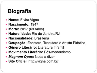 Biografia
 Nome: Elvira Vigna
 Nascimento: 1947
 Morte: 2017 (69 Anos)
 Naturalidade: Rio de Janeiro/RJ
 Nacionalidade: Brasileira
 Ocupação: Escritora, Tradutora e Artista Plástica
 Gênero Literário: Literatura Infantil
 Movimento Literário: Pós-modernismo
 Magnum Opus: Nada a dizer
 Site Oficial: http://vigna.com.br/
 