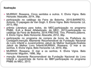 Ilustração
 MURRAY, Roseana. Cinco sentidos e outros. Il. Elvira Vigna. Belo
Horizote: Abacatte, 2014, 39p.
 participação no catálogo da Feira de Bolonha, 2015.BARRETO,
Antonio. O papagaio de Van Gogh. Il. Elvira Vigna. Belo Horizonte: Lê,
2013, 88p.
 prêmio Literatura para todos, do MEC;participação no programa
PNBE, EJA e Brasil Alfabetizado, do MEC, 2013;participação no
catálogo da Feira de Bolonha, 2014.FREITAS, Tino. Primeira palavra.
Il. Elvira Vigna. Belo Horizonte: Abacatte, 2012, 36p.
 participação no programa de compra de livros da Prefeitura de
Contagem;menção Altamente Recomendável da Fundação Nacional
do Livro Infantil e Juvenil;prêmio Jabuti de Melhor Ilustração;finalista
Jabuti de Melhor Livro Infantil.MURRAY, Roseana. O mar e os
sonhos. Il. Elvira Vigna. Belo Horizonte: Lê, 2010, 48p.
 MURRAY, Roseana. O mar e os sonhos. Il. Elvira Vigna. Belo
Horizonte: Miguilim, 1996, 36p.
 menção Altamente Recomendável da Fundação Nacional do Livro
Infantil e Juvenil;lista de honra do IBBY;participação no programa
PNBE do MEC, 2013.
 