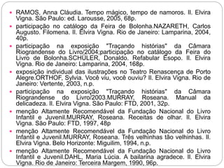  RAMOS, Anna Cláudia. Tempo mágico, tempo de namoros. Il. Elvira
Vigna. São Paulo: ed. Larousse, 2005, 68p.
 participação no catálogo da Feira de Bolonha.NAZARETH, Carlos
Augusto. Filomena. Il. Elvira Vigna. Rio de Janeiro: Lamparina, 2004,
40p.
 participação na exposição "Traçando histórias" da Câmara
Riograndense do Livro/2004;participação no catálogo da Feira do
Livro de Bolonha.SCHÜLER, Donaldo. Refabular Esopo. Il. Elvira
Vigna. Rio de Janeiro: Lamparina, 2004, 168p.
 exposição individual das ilustrações no Teatro Renascença de Porto
Alegre.ORTHOF, Sylvia. Você viu, você ouviu? Il. Elvira Vigna. Rio de
Janeiro: Vertente, 2003, n.p.
 participação na exposição "Traçando histórias" da Câmara
Riograndense do Livro/2003.MURRAY, Roseana. Manual da
delicadeza. Il. Elvira Vigna. São Paulo: FTD, 2001, 32p.
 menção Altamente Recomendável da Fundação Nacional do Livro
Infantil e Juvenil.MURRAY, Roseana. Receitas de olhar. Il. Elvira
Vigna. São Paulo: FTD, 1997, 48p
 menção Altamente Recomendável da Fundação Nacional do Livro
Infantil e Juvenil.MURRAY, Roseana. Três velhinhas tão velhinhas. Il.
Elvira Vigna. Belo Horizonte: Miguilim, 1994, n.p.
 menção Altamente Recomendável da Fundação Nacional do Livro
Infantil e Juvenil.DAHL, Maria Lúcia. A bailarina agradece. Il. Elvira
Vigna. Rio de Janeiro: Terceira Margem, 1990, 96p.
 