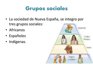 Grupos sociales
• La sociedad de Nueva España, se integro por
tres grupos sociales:
• Africanos
• Españoles
• Indígenas.
 