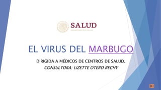EL VIRUS DEL MARBUGO
DIRIGIDA A MÉDICOS DE CENTROS DE SALUD.
CONSULTORA: LIZETTE OTERO RECHY
1
 