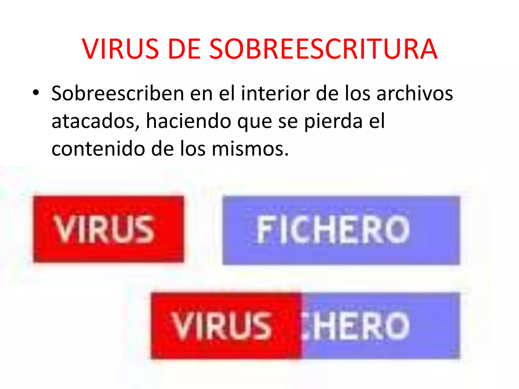VIRUS DE SOBREESCRITURASobreescriben en el interior de los archivos atacados, haciendo que se pierda el contenido de los mismos.