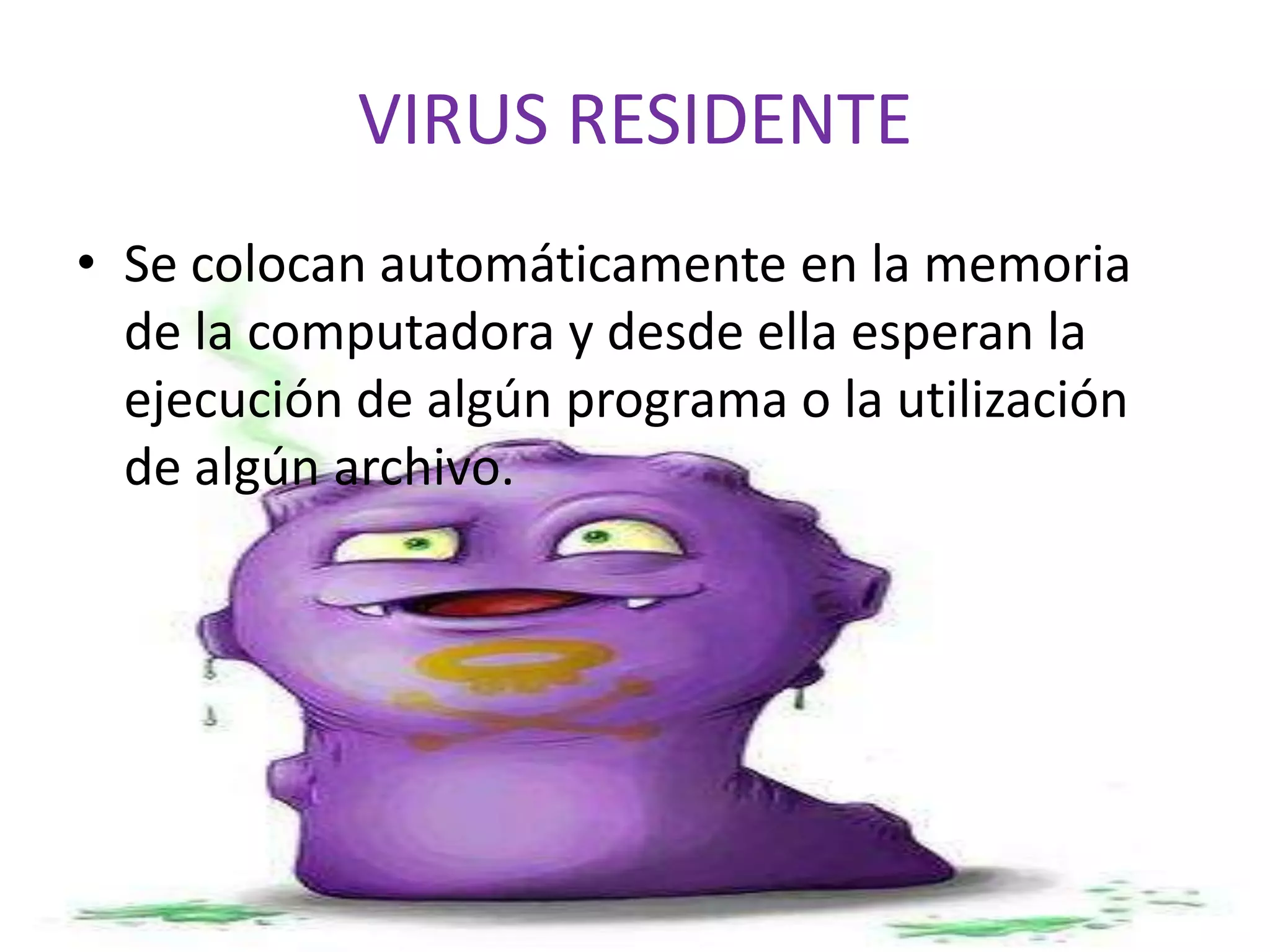 VIRUS RESIDENTESe colocan automáticamente en la memoria de la computadora y desde ella esperan la ejecución de algún programa o la utilización de algún archivo.
