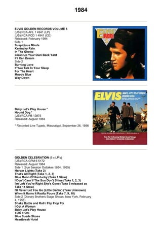 1984


ELVIS GOLDEN RECORDS VOLUME 5
(US) RCA AFL 1 4941 (LP)
(US) RCA PCD 1 4941 (CD)
Released: February 1984
Side 1
Suspicious Minds
Kentucky Rain
In The Ghetto
Clean Up Your Own Back Yard
If I Can Dream
Side 2
Burning Love
If You Talk In Your Sleep
For The Heart
Moody Blue
Way Down




Baby Let's Play House *
Hound Dog *
(US) RCA PB 13875
Released: August 1984

* Recorded Live Tupelo, Mississippi, September 26, 1956




GOLDEN CELEBRATION (6 x LP's)
(US) RCA CPM 6 5172
Released: August 1984
Side 1 (Sun Session Outtakes 1954, 1955)
Harbor Lights (Take 2)
That's All Right (Take 1, 2, 3)
Blue Moon Of Kentucky (Take 1 Slow)
I Don't Care If The Sun Don't Shine (Take 1, 2, 3)
I'm Left You're Right She's Gone (Take 5 released as
Take 11 Slow)
I'll Never Let You Go (Little Darlin') (Take Unknown)
When It Rains It Really Pours (Take 7, 9, 10)
Side 2 (Dorsey Brothers Stage Shows, New York, February
4, 1956)
Shake Rattle and Roll / Flip Flop Fly
I Got A Woman
Baby Let's Play House
Tutti Frutti
Blue Suede Shoes
Heartbreak Hotel
 