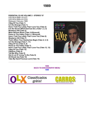 1989

ESSENTIAL ELVIS VOLUME 2 - STEREO '57
(US) RCA 9589-1-R (LP)
(US) RCA 9589-2-R (CD)
Released: February 1989
I Beg Of You (Take 1)
Is It So Strange (Take 1)
Have I Told You Lately That I Love You (Take 2)
It Is No Secret (What God Can Do ) (Take 1, 2, 3)
Blueberry Hill (Take 2)
Mean Woman Blues (Take 14 Binaural)
Peace In The Valley (Take 2, 3 Binaural)
Have I Told You Lately That I Love You (Take 6)
Blueberry Hill (Take 7)
That's When Your Heartaches Begin (Take 4, 5, 6)
Is It So Strange (Take 7, 11)
I Beg Of You (Take 6, 8)
Peace In The Valley (Take 7)
Have I Told You Lately That I Love You (Take 12, 13)
I Beg Of You (Take 12)
I Believe (Take 4)
Tell Me Why (Take 5)
Got A Lot O' Living To Do (Take 9)
All Shook Up (Take 10)
Take My Hand Precious Lord (Take 14)



                                          1988
                               BACK TO DISCOGRAPHY MENU
                                          1990
 