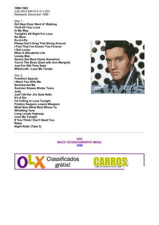 1960-1963
(US) RCA 69410-2 (2 x CD)
Released: December 1998

Disc 1
Girl Next Door Went A' Walking
Thrill Of Your Love
In My Way
Tonight's All Right For Love
No More
Ku-U-I-Po
Please Don't Drag That String Around
I Feel That I've Known You Forever
I Got Lucky
What A Wonderful Life
Lonely Man
Gonna Get Back Home Somehow
You're The Boss (Duet with Ann-Margret)
Just For Old Time Sake
Witchcraft - Love Me Tender

Disc 2
Frankfort Special
I Want You With Me
Sentimental Me
Summer Kisses Winter Tears
Judy
Just Tell Her Jim Said Hello
It's A Sin
I'm Falling In Love Tonight
Finders Keepers Losers Weepers
What Now What Next Where To
Whistling Tune
Long Lonely Highway
Love Me Tonight
If You Think I Don't Need You
Relax
Night Rider (Take 5)



                                         1997
                              BACK TO DISCOGRAPHY MENU
                                         1999
 