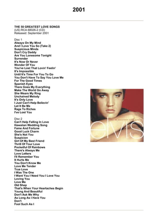 2001

THE 50 GREATEST LOVE SONGS
(US) RCA 68026-2 (CD)
Released: September 2001

Disc 1
Always On My Mind
And I Love You So (Take 2)
Suspicious Minds
Don't Cry Daddy
Are You Lonesome Tonight
Surrender
It's Now Or Never
Wonder Of You
You've Lost That Lovin' Feelin'
It's Impossible
Until It's Time For You To Go
You Don't Have To Say You Love Me
For The Good Times
Spanish Eyes
There Goes My Everything
Make The World Go Away
She Wears My Ring
Unchained Melody
It's Only Love
I Just Can't Help Believin'
Let It Be Me
Rags To Riches
I've Lost You

Disc 2
Can't Help Falling In Love
Hawaiian Wedding Song
Fame And Fortune
Good Luck Charm
She's Not You
Suspicion
Girl Of My Best Friend
Thrill Of Your Love
Pocketful Of Rainbows
There's Always Me
Love Letters
I'll Remember You
It Hurts Me
You Don't Know Me
Love Me Tender
True Love
I Was The One
I Want You I Need You I Love You
Loving You
Love Me
Old Shep
That's When Your Heartaches Begin
Young And Beautiful
Don't Ask Me Why
As Long As I Have You
Don't
Fool Such As I
 