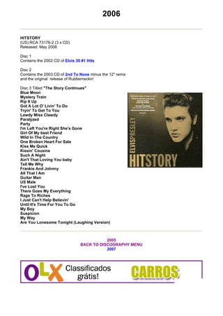2006

HITSTORY
(US) RCA 73176-2 (3 x CD)
Released: May 2006

Disc 1
Contains the 2002 CD of Elvis 30 #1 Hits

Disc 2
Contains the 2003 CD of 2nd To None minus the 12" remix
and the original release of Rubberneckin'

Disc 3 Titled "The Story Continues"
Blue Moon
Mystery Train
Rip It Up
Got A Lot O' Livin' To Do
Tryin' To Get To You
Lawdy Miss Clawdy
Paralyzed
Party
I'm Left You're Right She's Gone
Girl Of My best Friend
Wild In The Country
One Broken Heart For Sale
Kiss Me Quick
Kissin' Cousins
Such A Night
Ain't That Loving You baby
Tell Me Why
Frankie And Johnny
All That I Am
Guitar Man
US Male
I've Lost You
There Goes My Everything
Rags To Riches
I Just Can't Help Believin'
Until It's Time For You To Go
My Boy
Suspicion
My Way
Are You Lonesome Tonight (Laughing Version)



                                           2005
                                BACK TO DISCOGRAPHY MENU
                                           2007
 
