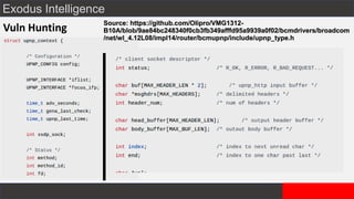 Exodus Intelligence
Vuln Hunting
Source: https://github.com/Olipro/VMG1312-
B10A/blob/9ae84bc248340f0cb3fb349afffd95a9939a0f02/bcmdrivers/broadcom
/net/wl_4.12L08/impl14/router/bcmupnp/include/upnp_type.h
 