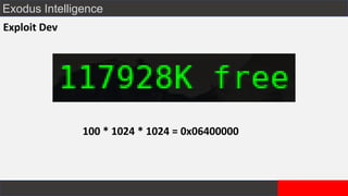 Exodus Intelligence
Exploit Dev
100 * 1024 * 1024 = 0x06400000
 