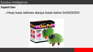 Exodus Intelligence
Exploit Dev
⚫ Heap base address always loads below 0x03030303
 