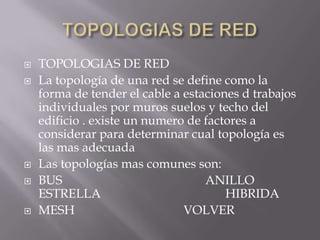  TOPOLOGIAS DE RED
 La topología de una red se define como la
forma de tender el cable a estaciones d trabajos
individuales por muros suelos y techo del
edificio . existe un numero de factores a
considerar para determinar cual topología es
las mas adecuada
 Las topologías mas comunes son:
 BUS ANILLO
ESTRELLA HIBRIDA
 MESH VOLVER
 