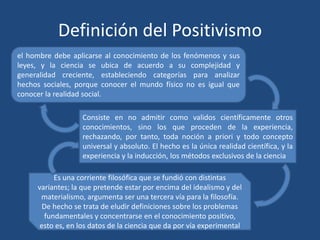 Definición del Positivismo
el hombre debe aplicarse al conocimiento de los fenómenos y sus
leyes, y la ciencia se ubica de acuerdo a su complejidad y
generalidad creciente, estableciendo categorías para analizar
hechos sociales, porque conocer el mundo físico no es igual que
conocer la realidad social.

                   Consiste en no admitir como validos científicamente otros
                   conocimientos, sino los que proceden de la experiencia,
                   rechazando, por tanto, toda noción a priori y todo concepto
                   universal y absoluto. El hecho es la única realidad científica, y la
                   experiencia y la inducción, los métodos exclusivos de la ciencia

          Es una corriente filosófica que se fundió con distintas
     variantes; la que pretende estar por encima del idealismo y del
      materialismo, argumenta ser una tercera vía para la filosofía.
       De hecho se trata de eludir definiciones sobre los problemas
       fundamentales y concentrarse en el conocimiento positivo,
      esto es, en los datos de la ciencia que da por vía experimental
 