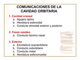 COMUNICACIONES DE LA
        CAVIDAD ORBITARIA
1. Cavidad craneal
    a. Agujero óptico
    b. Hendidura esfenoidal
    c. Conducto etmoidal anterior y posterior

2. Fosas nasales
    a. Conducto lacrimo nasal

3. Exterior
    a. Escotadura supraorbitaria
    b. Conducto suborbitario
    c. Conducto malar
    d. Hendidura esfenomaxilar
 