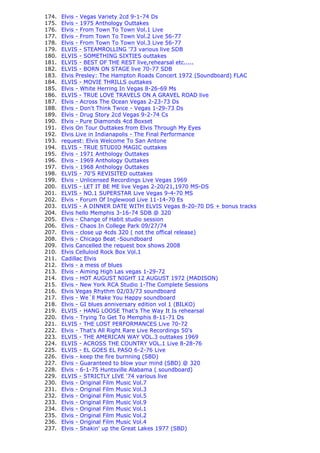 174.   Elvis - Vegas Variety 2cd 9-1-74 Ds
175.   Elvis - 1975 Anthology Outtakes
176.   Elvis - From Town To Town Vol.1 Live
177.   Elvis - From Town To Town Vol.2 Live 56-77
178.   Elvis - From Town To Town Vol.3 Live 56-77
179.   ELVIS - STEAMROLLING '73 various live SDB
180.   ELVIS - SOMETHING SIXTIES outtakes
181.   ELVIS - BEST OF THE REST live,rehearsal etc.....
182.   ELVIS - BORN ON STAGE live 70-77 SDB
183.   Elvis Presley: The Hampton Roads Concert 1972 (Soundboard) FLAC
184.   ELVIS - MOVIE THRILLS outtakes
185.   Elvis - White Herring In Vegas 8-26-69 Ms
186.   ELVIS - TRUE LOVE TRAVELS ON A GRAVEL ROAD live
187.   Elvis - Across The Ocean Vegas 2-23-73 Ds
188.   Elvis - Don't Think Twice - Vegas 1-29-73 Ds
189.   Elvis - Drug Story 2cd Vegas 9-2-74 Cs
190.   Elvis - Pure Diamonds 4cd Boxset
191.   Elvis On Tour Outtakes from Elvis Through My Eyes
192.   Elvis Live in Indianapolis - The Final Performance
193.   request: Elvis Welcome To San Antone
194.   ELVIS - TRUE STUDIO MAGIC outtakes
195.   Elvis - 1971 Anthology Outtakes
196.   Elvis - 1969 Anthology Outtakes
197.   Elvis - 1968 Anthology Outtakes
198.   ELVIS - 70'S REVISITED outtakes
199.   Elvis - Unlicensed Recordings Live Vegas 1969
200.   ELVIS - LET IT BE ME live Vegas 2-20/21,1970 MS-DS
201.   ELVIS - NO.1 SUPERSTAR Live Vegas 9-4-70 MS
202.   Elvis - Forum Of Inglewood Live 11-14-70 Es
203.   ELVIS - A DINNER DATE WITH ELVIS Vegas 8-20-70 DS + bonus tracks
204.   Elvis hello Memphis 3-16-74 SDB @ 320
205.   Elvis - Change of Habit studio session
206.   Elvis - Chaos In College Park 09/27/74
207.   Elvis - close up 4cds 320 ( not the offical release)
208.   Elvis - Chicago Beat -Soundboard
209.   Elvis Cancelled the request box shows 2008
210.   Elvis Celluloid Rock Box Vol.1
211.   Cadillac Elvis
212.   Elvis - a mess of blues
213.   Elvis - Aiming High Las vegas 1-29-72
214.   Elvis - HOT AUGUST NIGHT 12 AUGUST 1972 (MADISON)
215.   Elvis - New York RCA Studio 1-The Complete Sessions
216.   Elvis Vegas Rhythm 02/03/73 soundboard
217.   Elvis - We´ll Make You Happy soundboard
218.   Elvis - GI blues anniversary edition vol 1 (BILKO)
219.   ELVIS - HANG LOOSE That's The Way It Is rehearsal
220.   Elvis - Trying To Get To Memphis 8-11-71 Ds
221.   ELVIS - THE LOST PERFORMANCES Live 70-72
222.   Elvis - That's All Right Rare Live Recordings 50's
223.   ELVIS - THE AMERICAN WAY VOL.3 outtakes 1969
224.   ELVIS - ACROSS THE COUNTRY VOL.1 Live 8-28-76
225.   ELVIS - EL GOES EL PASO 6-2-76 Live
226.   Elvis - keep the fire burnning (SBD)
227.   Elvis - Guaranteed to blow your mind (SBD) @ 320
228.   Elvis - 6-1-75 Huntsville Alabama ( soundboard)
229.   ELVIS - STRICTLY LIVE '74 various live
230.   Elvis - Original Film Music Vol.7
231.   Elvis - Original Film Music Vol.3
232.   Elvis - Original Film Music Vol.5
233.   Elvis - Original Film Music Vol.9
234.   Elvis - Original Film Music Vol.1
235.   Elvis - Original Film Music Vol.2
236.   Elvis - Original Film Music Vol.4
237.   Elvis - Shakin' up the Great Lakes 1977 (SBD)
 