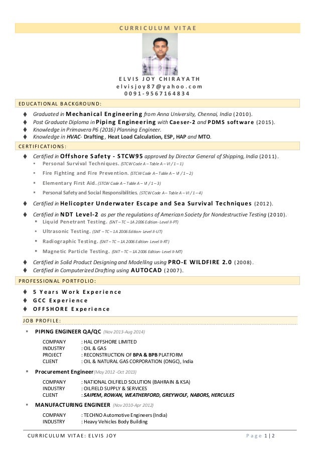 Elvis joy cv mechanical engineer, primavera p6 hvac