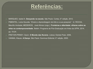  MARQUES, Isabel A. Dançando na escola. São Paulo: Cortez, 6° edição, 2012.
 PIMENTEL, Lúcia Gouvêa. “Ensino e Aprendizagem de Arte e a sua pesquisa”. In: ROCHA,
Maurílio Andrade; MEDEIROS, José Afonso (orgs.). Fronteiras e alteridade: olhares sobre as
artes na contemporaneidade. Belém: Programa de Pós-Graduação em Artes da UFPA, 2014,
pp. 15-24.
 PRETOR-PRINEY, Gavin. O Mundo das Nuvens. Lisboa: Estrela Polar, 2006.
 VIANNA, Klauss. A Dança. São Paulo: Summus Editorial, 6° edição, 2005.
 