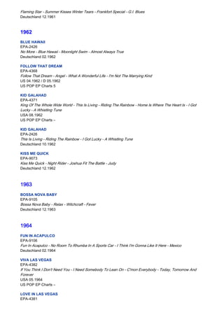Flaming Star - Summer Kisses Winter Tears - Frankfort Special - G.I. Blues
Deutschland 12.1961



1962
BLUE HAWAII
EPA-2426
No More - Blue Hawaii - Moonlight Swim - Almost Always True
Deutschland 02.1962

FOLLOW THAT DREAM
EPA-4368
Follow That Dream - Angel - What A Wonderful Life - I'm Not The Marrying Kind
US 04.1962 / D 05.1962
US POP EP Charts 5

KID GALAHAD
EPA-4371
King Of The Whole Wide World - This Is Living - Riding The Rainbow - Home Is Where The Heart Is - I Got
Lucky - A Whistling Tune
USA 08.1962
US POP EP Charts –

KID GALAHAD
EPA-2426
This Is Living - Riding The Rainbow - I Got Lucky - A Whistling Tune
Deutschland 10.1962

KISS ME QUICK
EPA-9073
Kiss Me Quick - Night Rider - Joshua Fit The Battle - Judy
Deutschland 12.1962



1963
BOSSA NOVA BABY
EPA-9105
Bossa Nova Baby - Relax - Witchcraft - Fever
Deutschland 12.1963



1964
FUN IN ACAPULCO
EPA-9106
Fun In Acapulco - No Room To Rhumba In A Sports Car - I Think I'm Gonna Like It Here - Mexico
Deutschland 02.1964

VIVA LAS VEGAS
EPA-4382
If You Think I Don't Need You - I Need Somebody To Lean On - C'mon Everybody - Today, Tomorrow And
Forever
USA 05.1964
US POP EP Charts –

LOVE IN LAS VEGAS
EPA-4381
 