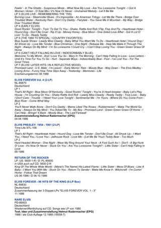 Feelin’ - In The Ghetto - Suspicious Minds - What Now My Love - Are You Lonesome Tonight - I Got A
Woman / Amen - O Sole Mio / It’s Now Or Never - Unchained Melody - Let It Be Me
LP 3 (ELVIS LIVE - REMEMBERING THE ‘70S)
Burning Love - Steamroller Blues - It’s Impossible - An American Trilogy - Let Me Be There - Bridge Over
Troubled Water - Kentucky Rain - Don’t Cry Daddy - Fairytale - You Gave Me A Mountain - My Way - Bridge
Over Troubled Water
LP 4 (EARLY ELVIS)
Good Rockin’ Tonight - Tryin’ To Get To You - Shake, Rattle And Roll / Flip, Flop And Fly - Heartbreak Hotel -
Hound Dog - Don’t Be Cruel - Rip It Up - Money Honey - Blue Moon - One-Sided Love Affair - Got A Lot O’
Livin’ To Do - Ready Teddy
LP 5 (THE 1968 TV SPECIAL / COUNTRY FAVORITES)
Blue Suede Shoes - Lawdy Miss Clawdy - Baby What You Want Me To Do - Heartbreak Hotel / Hound Dog /
All Shook Up - Love Me Tender - Blue Christmas - One Night - Release Me - Help Me Make It Through The
Night - Always On My Mind - I’m So Lonesome I Could Cry - I Can’t Stop Loving You - Green Green Grass Of
Home
LP 6 (CAN’T HELP FALLING IN LOVE / INDESCRIBABLY BLUE)
Welcome To My World - And I Love You So - Mary In The Morning - Can’t Help Falling In Love - Love Letters -
Until It’s Time For You To Go - Hurt - Separate Ways - Indescribably Blue - Fool - I’ve Lost You - For The
Good Times
LP 7 (ELVIS’ LATER HITS / IN A REFLECTIVE MOOD)
Promised Land - U.S. Male - I’m Leavin’ - Early Mornin’ Rain - Moody Blue - Way Down - The Elvis Medley -
Loving Arms - Funny How Time Slips Away - Yesterday - Memories - Life
Erscheinungstermin 08.1986

ELVIS FOREVER Vol. 4 (2-LP)
NL-89870
Deutschland
LP 1
That's All Right - Blue Moon Of Kentucky - Good Rockin' Tonight - You're A Heart-breaker - Baby Let's Play
House - I'm Counting On You - Shake Rattle And Roll - Lawdy Miss Clawdy - Ready Teddy - True Love - Baby
I Don't Care - Trouble - I Need Your Love Tonight - Sentimental Me - I'm Yours - Where Do You Come From -
Blue River - Come What May
LP 2
You'll Never Walk Alone - Don't Cry Daddy - Mama Liked The Roses - Rubberneckin' - Make The World Go
Away - Always On My Mind - You Asked Me To - My Boy - Promised Land - Green Green Grass Of Home - I
Can Help - Bringin' It Back - Moody Blue - The Last Farewell
Zusammenstellung Helmut Radermacher (EPG)
04.08.1986

ELVIS PRESLEY: 1954 - 1961 (2-LP)
Time Life STL-106
LP 1
That's All Right - Heartbreak Hotel - Hound Dog - Love Me Tender - Don't Be Cruel - All Shook Up - I Want
You, I Need You, I Love You - Jailhouse Rock - Love Me - (Let Me Be Your) Teddy Bear - Too Much
LP 2
Hard Headed Woman - One Night - Wear My Ring Around Your Neck - A Fool Such As I - Don't - A Big Hunk
O' Love - It's Now Or Never - Stuck On You - Are You Lonesome Tonight? - Little Sister - Can't Help Falling In
Love
09.1986

RETURN OF THE ROCKER
LP: US: 5600-1-R / D: PL-85600
in USA auch auf CD: 5600-2-R
King Of The Whole Wide World - (Marie's The Name) His Latest Flame - Little Sister - Mess Of Blues - Like A
Baby - I Want You With Me - Stuck On You - Return To Sender - Make Me Know It - Witchcraft - I'm Comin'
Home - Follow That Dream
US 06.1986 / D 06.10.1986

ELVIS FOREVER - 96 HITS OF THE KING (6-LP Box)
NL-89830
Deutschland
Zusammenfassung der 3 Doppel-LPs "ELVIS FOREVER VOL. 1 - 3"
11.1986

RARE ELVIS
PD-89003
Deutschland
Wiederveröffentlichung auf CD, Songs wie LP von 1980
Text, Idee und Zusammenstellung Helmut Radermacher (EPG)
1986 / als Club-Auflage 12.1988 (18558-7)
 