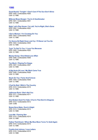 1986
Good Rockin' Tonight / I Don't Care If The Sun Don't Shine
DPE-1000 / Collectables 4500
USA 12.1986

Milkcow Blues Boogie / You're A Heartbreaker
DPE-1001 / Collectables 4501
USA 12.1986

Baby' Let's Play House / I'm Left, You're Right, She's Gone
DPE-1002 / Collectables 4502
USA 12.1986

I Got a Woman / I'm Counting On You
DPE-1003 / Collectables 4503
USA 12.1986

I'm Gonna Sit Right Down and Cry / I'll Never Let You Go
DPE-1004 / Collectables 4504
USA 12.1986

Tryin' To Get To You / I Love You Because
DPE-1005 / Collectables 4505
USA 12.1986

Money Honey / One-Sided Love Affair
DPE-1006 / Collectables 4506
USA 12.1986

Too Much / Playing For Keeps
DPE-1007 / Collectables 4507
USA 12.1986

A Big Hunk Of Love / My Wish Came True
DPE-1008 / Collectables 4508
USA 12.1986

Stuck On You / Fame And Fortune
DPE-1009 / Collectables 4509
USA 12.1986

I Feel So Bad / Wild In The Country
DPE-1010 / Collectables 4510
USA 12.1986

Jailhouse Rock / She's Not You
DPE-1011 / Collectables 4511
USA 12.1986

One Broken Heart For Sale / (You're The) Devil In Disguise
DPE-1012 / Collectables 4512
USA 12/86

Bossa Nova Baby / Such A Night
DPE-1013 / Collectables 4513
USA 12.1986

Love Me / Flaming Star
DPE-1014 / Collectables 4514
USA 12.1986

Follow That Dream / When My Blue Moon Turns To Gold Again
DPE-1015 / Collectables 4515
USA 12.1986

Frankie And Johnny / Love Letters
DPE-1016 / Collectables 4516
USA 12.1986
 