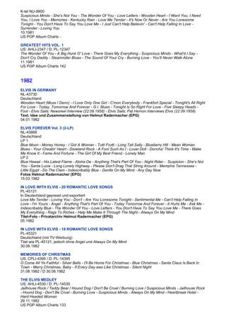 K-tel NU-9900
Suspicious Minds - She's Not You - The Wonder Of You - Love Letters - Wooden Heart - I Want You, I Need
You, I Love You - Memories - Kentucky Rain - Love Me Tender - It's Now Or Never - Are You Lonesome
Tonight - You Don't Have To Say You Love Me - I Just Can't Help Believin' - Can't Help Falling In Love -
Surrender - Loving You
10.1981
US POP Album Charts -

GREATEST HITS VOL. 1
US: AHLI-2347 / D: PL-12347
The Wonder Of You - A Big Hunk O' Love - There Goes My Everything - Suspicious Minds - What'd I Say -
Don't Cry Daddy - Steamroller Blues - The Sound Of Your Cry - Burning Love - You'll Never Walk Alone
11.1981
US POP Album Charts 142


1982
ELVIS IN GERMANY
NL-43730
Deutschland
Wooden Heart (Muss I Denn) - I Love Only One Girl - C'mon Everybody - Frankfort Special - Tonight's All Right
For Love - Today, Tomorrow And Forever - G.I. Blues - Tonight Is So Right For Love - Five Sleepy Heads -
Fool - Elvis Sails: Newsreel Interview (22.09.1958) - Elvis Sails: Pat Hernon Interviews Elvis (22.09.1958)
Text, Idee und Zusammenstellung von Helmut Radermacher (EPG)
04.01.1982

ELVIS FOREVER Vol. 3 (2-LP)
NL-43868
Deutschland
LP 1
Blue Moon - Money Honey - I Got A Woman - Tutti Frutti - Long Tall Sally - Blueberry Hill - Mean Woman
Blues - Your Cheatin' Heart - Dixieland Rock - A Fool Such As I - Lover Doll - Doncha' Think It's Time - Make
Me Know It - Fame And Fortune - The Girl Of My Best Friend - Lonely Man
LP 2
Blue Hawaii - His Latest Flame - Aloha-Oe - Anything That's Part Of You - Night Rider - Suspicion - She's Not
You - Santa Lucia - Long Lonely Highway - Please Don't Drag That String Around - Memphis Tennessee -
Little Egypt - Do The Clam - Indescribably Blue - Gentle On My Mind - Any Day Now
Fotos Helmut Radermacher (EPG)
15.03.1982

IN LOVE WITH ELVIS - 20 ROMANTIC LOVE SONGS
PL-45121
In Deutschland gepresst und exportiert
Love Me Tender - Loving You - Don't - Are You Lonesome Tonight - Sentimental Me - Can't Help Falling In
Love - I'm Yours - Angel - Anything That's Part Of You - Today Tomorrow And Forever - It Hurts Me - Ask Me -
Indescribably Blue - The Wonder Of You - Love Letters - You Don't Have To Say You Love Me - There Goes
My Everything - Rags To Riches - Help Me Make It Through The Night - Always On My Mind
Titel-Foto - Privatarchiv Helmut Radermacher (EPG)
05.1982

IN LOVE WITH ELVIS - 18 ROMANTIC LOVE SONGS
PL-45321
Deutschland (mit TV-Werbung)
Titel wie PL-45121, jedoch ohne Angel und Always On My Mind
30.08.1982

MEMORIES OF CHRISTMAS
US: CPLI-4395 / D: PL-14395
O Come All Ye Faithful - Silver Bells - I'll Be Home For Christmas - Blue Christmas - Santa Claus Is Back In
Town - Merry Christmas, Baby - If Every Day was Like Christmas - Silent Night
31.08.1982 / D 30.08.1982

THE ELVIS MEDLEY
US: AHLI-4530 / D: PL-14530
Jailhouse Rock / Teddy Bear / Hound Dog / Don't Be Cruel / Burning Love / Suspicious Minds - Jailhouse Rock
- Hound Dog - Don't Be Cruel - Burning Love - Suspicious Minds - Always On My Mind - Heartbreak Hotel -
Hard Headed Woman
29.11.1982
US POP Album Charts 133
 