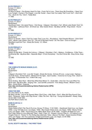 ELVIS PRESLEY 1
Europa 111.302.0
Deutschland
It's Now Or Never - One Broken Heart For Sale - Fools Fall In Love - There Goes My Everything - I Need Your
Love Tonight - Crying In The Chapel - Love Me Tender - Have I told You Lately That I Love You? - She's Not
You - Stuck On You - Don't - Teddy Bear
11.1982

ELVIS PRESLEY 2
Europa 111.303.8
Deutschland
Heartbreak Hotel - His Latest Flame - I Got Stung - I Slipped, I Stumbled, I Fell - Whole Lotta Shakin' Goin' On
- Guitar Man - Jailhouse Rock - All Shook Up - Blue Suede Shoes - My Baby Left Me - King Creole - Hound
Dog
11.1982

ELVIS PRESLEY 3
Europa 111.304.6
Deutschland
Return To Sender - Have I Told You Lately That I Love You - Roustabout - Hard Headed Woman - Girls! Girls!
Girls! - Whole Lotta' Shakin' Goin' On - The Girl Of My Best Friend - Do The Clam - Once Is Enough -
Steadfast Loyal And True - Slowly But Surely - G.I. Blues
12.1982

ELVIS PRESLEY 4
Europa 111.305.4
Deutschland
Always On My Mind - Frankie And Johnny - I Slipped, I Stumbled, I Fell - I Believe - Confidence - I'll Be There -
Sentimental Me - Big Boss Man - Separate Ways - C'mon Everybody - You Don't Know Me - Easy Come, Easy
Go
12.1982


1983
THE COMPLETE BONUS SONGS (2-LP)
NL-45180
Deutschland
LP 1
I Slipped I Stumbled I Fell - Love Me Tonight - Slowly But Surely - Echoes Of Love - Long Lonely Highway -
You'll Be Gone - Animal Instinct - Wisdom Of The Ages - Sand Castles - Tomorrow Is A Long Time - Down In
The Alley - I'll Remember You - It Won't Be Long
LP 2
Never Ending - Blue River - What Now What Next Where To - Guitar Man - How Can You Lose What You
Never Had - Big Boss Man - Singing Tree - Just Call Me Lonesome - Five Sleepy Heads - Western Union -
Mine - Going Home - Suppose
Text, Idee und Zusammenstellung Helmut Radermacher (EPG)
03.01.1983

I WAS THE ONE
US: AHLI-4678 / D: PL-14678
My Baby Left Me - (You're So Square) Baby I Don't Care - Little Sister - Don't - Wear My Ring Around Your
Neck - Paralyzed - Baby, Let's Play House - I Was The One - Rip It Up - Young And Beautiful - Ready Teddy
US 04.1983 / D 06.1983
US POP Album Charts 103

RARE ELVIS Vol. 2
PL-45297
Deutschland
Shake Rattle & Roll / Flip Flop & Fly (Live, Dorsey TV Show, 11.02.1956) - Heartbreak Hotel (Live, Las Vegas,
1956) - Long Tall Sally (Live, Las Vegas, 1956) - Blue Suede Shoes (Live, Las Vegas, 1956) - Money Honey
(Live, Las Vegas, 1956) - Hound Dog (Live, Milton Berle Show, 05.06.1956) - Tonight's All Right For Love -
Can't Help Falling In Love (Alternativ Take) - Datin' (Take 12) - Shoppin' Around (Take 5) - I'm Falling In Love
Tonight (Take 4) - Thanks To The Rolling Sea (Alternativ Take) - Beyond The Reef - Sweet Caroline (Probe,
1970, Las Vegas) - Are You Lonesome Tonight (Lachversion, Live, Las Vegas, 22.08.1969)
Text, Idee und Zusammenstellung Helmut Radermacher (EPG)
16.05.1983

ELVIS, SCOTTY AND BILL - THE FIRST YEAR
 