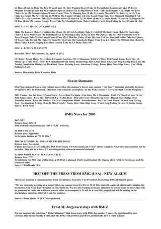 GI Blues (Take 6); Doin The Best I Can (Takes 10 - 12); Wooden Heart (Take 1); Pocketful of Rainbows (Takes 15 & 16);
Shoppin Around (Takes 4 & 5); Frankfurt Special (Takes 4 & 5); Big Boots (FAST - Take 1);Tonight's ALL Right For Love
(Takes 14 & 15); Summer Kisses Winter Tears (TAke 2); Flaming Star (TAke 2); Lonely Man (SOLO - Take 3); In My Way
(Take 2); Forget Me Never (Take 1); Wild In The Country (Takes 1 & 14); Lonely Man (Take 1); I Slipped I Stumbled I Fell
(Takes 14 - 16); Aloho-oe (Take 1); Hawaiian Sunset (Takes 6 & 7); No More (TAke 11); Slicin Sand (TAkes 6 & 7); Steppin Out
Of Line (Take 15); Almost Always True (Take 3); Moonlight Swim (Take 4 edited); Can't Help Falling In Love (Takes 14 - 16)

DISC 3 - THE MAGIC OF NASHVILLE

Make Me Know It (Take 1); Soldier Boy (Take 10); It Feels So Right (Take 1); Girl Of My Best Friend (Take 9); Surrender
(Takes 5 & 6); Workin on The Building (Take 4); Starting Today (Take 1); Kiss Me Quick (Take 4); That's Someone You'll
Never Forget (Take 7); His Latest Flame (Take 12); I Met Her Today (Take 16); Just Tell Her Jim Said Hello (Take 4); Echoes
Of Love (Take 8); Ask Me (Take 7); Stand By Me (Take 10); Somebody Bigger Than You & I (Take 15); Without Him (Take 8);
Mine (Takes 8 & 9); Singing Tree (first version TAke 4); US Male (Take 10)

DISC 4 - LIVE IN TEXAS 1972

Recorded "live" San Antonio, Tx. April 18, 1972

CC Rider; Proud Mary; Never Been To Spain; You Gave Me A Mountain; Until It's Time; Polk Salad Annie; Love Me; All
Shook Up; Teddy Bear / Don't Be Cruel; Heartbreak Hotel; Hound Dog; How Great Thou Art; Can't Stop Loving You; Love Me
Tender; Suspicious Minds; For The Good Times; Burning Love; American Trilogy; Funny How Time Slips Away; Can't Help
Falling In Love

Source: Worldwide Elvis/ Essential Elvis


                                                    Boxset Rumours
Elvis News learned from a very reliable source that this summer's boxset may contain " On Tour " material, probably the show
of April 10, 1972 in Richmond. This show was released ( incomplete ) on the Vicky release " Carry Me Back To Old Viriginia ".

2001 Theme / See See Rider / Proud Mary / Never Been To Spain / You Gave Me A Mountain / Until It's Time For You To Go /
Polk Salad Annie / Love Me / All Shook Up / Teddy Bear - Don't Be Cruel / Heartbreak Hotel / Hound Dog / Bridge Over
Troubled Water / Love Me Tender / It's Over / Suspicious Minds / Introductions / For The Good Times / I Can't Stop Loving
You / An American Trilogy / Lawdy Miss Clawdy / Funny How Time Slips Away / Can't Help Falling In Love / Closing Vamp.
Source: Elvis News


                                                  BMG News for 2003
BOX SET
Release date: July 14
Will probably not contain any "ON TOUR" material.

30 TOP TEN HITS
Release date: September
In the same fashion as "30 #1 Hits."

THE '68 COMEBACK - 35th ANNIVERSARY ISSUE
Release date: November
If plans develop as we are told, this 35th Anniversary CD will contain all 4 "live" shows complete. No production numbers will be
included. This will be a 3 or 4 CD set with possible rehearsal material included.

ALOHA FROM ELVIS - 30 YEARS LATER!
Release date: ????
To celebrate the 30th year of this show, a 2 CD set is planned which would include the regular show (with 6 extra songs) and the
rehearsal show.
Source : Worldwide Elvis


                  HOT OFF THE PRESS FROM BMG (USA) - NEW ALBUM
I have just received a communication from Joe Dimuro, Executive Vice President, Marketing, BMG (US)and I quote:

"We are currently working on a major follow-up concept record to Elv1s' 30 #1 Hits that will consist of additional #1 singles, fan
favourites, Top 5 and Top 10 singles on the charts etc. We are also working on major initiative for one or more re-mixes that will
be promoted at radio and will have a music video to accompany it. It will be a very BIG project and will be coming in the
marketplace sometime this Fall. Look for updates.

Source : Brian Quinn / FECC Messageboard


                                       Ernst M. Jørgensen stays with BMG!
We just received the info from " Elvis Unlimited " that Ernst stays with BMG for another 3 years. He just signed his new
contract, this means that the FTD Label and BMG will produce good Elvis products the next 3 years at least!
 