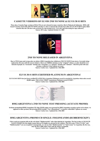 CASSETTE VERSIONS OF ELVIIS 2ND TO NONE & ELV1S 30 #1 HITS
  These days, Cassette-Tape versions of Elvis CDs are not released in many countries. But in Malaysia & Indonesia - BMG still
 issued Cassettes of ELVIIS 2ND TO NONE and they've also re-released the already best seller ELV1S 30 #1 HITS again. Both
          cassettes like the CDs have nice artwork & wrap around cover. Very nice and interesting for tape collectors.
                                          Source: HT Long - Updated October 21, 2003




                             2ND TO NONE RELEASED IN ARGENTINA
  Due to TWO typos and wrong color on sticker, BMG/Argentina has withdrawn 2ND TO NONE from stores. Currently being
   replaced by the ones with the correct stickers. There are THREE mistakes on the "original" sticker: a) color should be ocre
    instead of purple; b) "escenciale" should read "esenciales"; c) "minutes" should read "minutos". This first print will soon
                                             become a collector's item! (please see scan)
                                           Source: Carlos Ares - Updated Oct. 15th 2003



               ELV1S 30 #1 HITS CERTIFIED PLATINUM IN ARGENTINA!
ELV1S 30 #1 HITS has just been certified PLATINUM in Argentina! Platinum record is awarded in Argentina when sales exceed
                         40,000 copies. This is Elvis' FIRST Argentinean Platinum record EVER!!!
                                        Source: Carlos Ares - Updated Oct. 15th 2003




    BMG/ARGENTINA's 2ND TO NONE TEST PRESSING (ACETATE PROMO)
In-house promotional BMG/Argentina CD. Only FOUR copies were pressed for BMG/Argentina executives prior to its release. As
      opposed to other promos, this pressing DOES include "I'm A Roustabout"! A monster collectible!!! (please see scans)
                                         Source: Carlos Ares - Updated Oct. 15th 2003



 BMG/ARGENTINA PROMO CD SINGLE: FISGONEANDO (RUBBERNECKIN')
I have read an erroneous info on the web about "Rubberneckin" sales chart placing in Argentina. The fact is there is NO SUCH
   SALES CHARTS for the simple reason that no CD singles are pressed in our country. The Elvis ones ("Elvis VS JXL" and
"Rubberneckin'") are an exception! Consequently, we can say that "Rubberneckin'" is "2nd to none" in Argentina. By the way,
                                  only the first 1,000 copies come with the sticker in Spanish.
                                         Source: Carlos Ares - Updated Oct. 15th 2003
 