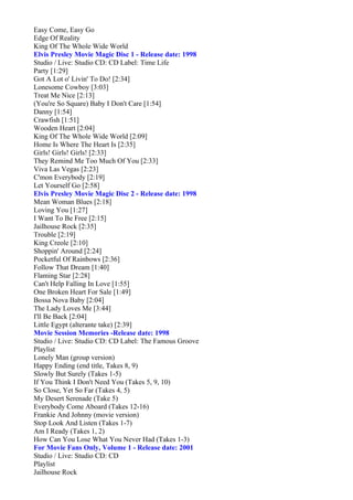 Easy Come, Easy Go
Edge Of Reality
King Of The Whole Wide World
Elvis Presley Movie Magic Disc 1 - Release date: 1998
Studio / Live: Studio CD: CD Label: Time Life
Party [1:29]
Got A Lot o' Livin' To Do! [2:34]
Lonesome Cowboy [3:03]
Treat Me Nice [2:13]
(You're So Square) Baby I Don't Care [1:54]
Danny [1:54]
Crawfish [1:51]
Wooden Heart [2:04]
King Of The Whole Wide World [2:09]
Home Is Where The Heart Is [2:35]
Girls! Girls! Girls! [2:33]
They Remind Me Too Much Of You [2:33]
Viva Las Vegas [2:23]
C'mon Everybody [2:19]
Let Yourself Go [2:58]
Elvis Presley Movie Magic Disc 2 - Release date: 1998
Mean Woman Blues [2:18]
Loving You [1:27]
I Want To Be Free [2:15]
Jailhouse Rock [2:35]
Trouble [2:19]
King Creole [2:10]
Shoppin' Around [2:24]
Pocketful Of Rainbows [2:36]
Follow That Dream [1:40]
Flaming Star [2:28]
Can't Help Falling In Love [1:55]
One Broken Heart For Sale [1:49]
Bossa Nova Baby [2:04]
The Lady Loves Me [3:44]
I'll Be Back [2:04]
Little Egypt (alterante take) [2:39]
Movie Session Memories -Release date: 1998
Studio / Live: Studio CD: CD Label: The Famous Groove
Playlist
Lonely Man (group version)
Happy Ending (end title, Takes 8, 9)
Slowly But Surely (Takes 1-5)
If You Think I Don't Need You (Takes 5, 9, 10)
So Close, Yet So Far (Takes 4, 5)
My Desert Serenade (Take 5)
Everybody Come Aboard (Takes 12-16)
Frankie And Johnny (movie version)
Stop Look And Listen (Takes 1-7)
Am I Ready (Takes 1, 2)
How Can You Lose What You Never Had (Takes 1-3)
For Movie Fans Only, Volume 1 - Release date: 2001
Studio / Live: Studio CD: CD
Playlist
Jailhouse Rock
 