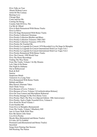 Elvis Talks on Tour
Absent Without Leave
Artist Of The Century
Burning Love
Chicago Beat
Come and Get Me
Coming On Strong
Country Side Of Elvis, The
Cut Me & I Bleed
Elvis Is Back Remastered With Bonus Tracks
Elvis La Pelvis
Elvis On Stage Remastered With Bonus Tracks
Elvis Presley Collection Christmas
Elvis Presley Collection Rhythm and Blues
Elvis Presley Collection Treasures 1960-1963
Elvis Presley Collection Treasures 1970-1976
Elvis Presley He Touched Me
Elvis Presley La Legende En Concert 1974 Recorded Live On Stage In Memphis
Elvis Presley La Legende En Concert International Hotel Las Vegas Vol.1
Elvis Presley La Legende En Concert International Hotel Las Vegas Vol.2
Elvis Presley Remastered With Bonus Tracks
Elvis The Concert, 1999 World Tour
Elvis The Home Recordings
Finding The Way Home
From The Vaults, Volume 1 In My Dreams
Let's Take It On Home
One Night In Alabama
Out in Holloywood
Rock & Roll
Sunrise
Suspicious Minds
Tomorrow Is a Long Time
Elvis Remastered With Bonus Tracks
Ballads and Blues
Blue Hawaii Alternate Takes
Don't Think Twice
Elvis Because of Love, Volume 1
Elvis Because of Love, Volume 2 [Czechoslovakian Release]
Elvis On Tour Camera and Microphone Rehearsal
Elvis Presley Stranger In My Own Home Town
Elvis Presley That's The Way it is [Special Edition- 30th Anniversary]
Elvis Presley, Such a Night, Essential Elvis, Volume 6
Elvis Word for Word Volume 1
Event Number 8th
From Elvis in Memphis (Remastered)
From The Vaults, Volume 3 Blueberry Hill
Just A Closer Walk With Thee
Kiss Me Quick Little Sister
Live Elvis Presley
Moody Blue (Remastered and Bonus Tracks)
O Come All Ye Faithful
Promised Land (Remastered and Bonus Tracks)
Snowbird
Songs from Flaming Star Session
Still Rocking The Nation
 