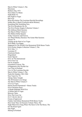 Man In White Volume 2, The
Maximum
Mother's Day 1973
Never Been To Maine
Night Rider '61
One Night in Vegas
Rip It Up
Roots Revolution The Louisiana Hayride Recordings
Soldier Boy is Back [Czechoslovakian Release]
Something Old, Something New,
The Elvis Broadcasts On Air
The Elvis Presley Singles Collection Volume 1
The Jailhouse Rock Sessions
The Man In White Volume 1
The Million Dollar Quartet
Today Tomorrow and Forever
Too Much Monkey Business The Guitar Man Sessions
Tucson '76
Turning up the Heat in Las Vegas
We'll Make You Happy
Happened At The World's Fair Remastered With Bonus Tracks
Elvis Presley Singles Collection Volume 2, The
30 #1 Hits + 3
Louisiana 55
Charleston Rocks
Dragonheart
Easter Special
Elvis At The International
Elvis Close Up
Fun In Acapulco
Greensboro Concert, The
It Happened at the Worlds Fair
Last Time in Portland
Live At The Louisiana Hayride
Man In White Volume 3, The
Nashville Outtakes 1961-1964
New Years Eve '76
Taking Tahoe Tonight
The 50 Greatest Love Songs
The Man In White Volume 4
Viva Las Vegas
Harum Scarum Rematered + Bonus Tracks
Elvis Christmas Peace
A Bright Midnight With Elvis
A Dinner Bell in Vegas
Between Takes
Elvis The Cover Up
FLY T-R-O-U-B-L-E
Forum of Inglewood
Frankie And Johnny Remastered With Bonus Tracks
How Great Thou Art Sessions Volume Three, The
Night When Elvis Sung When The Snow Is On The Roses, The
On The Road Again
One Night
Shining In Portland
 