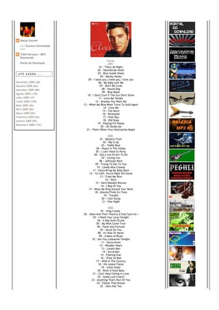 Nação Gunner
   +++ Sonzera Downloads
   +++
   100% Nirvana + MP3
   Downloads
                                                 Faixas:
   Portal do Download                             CD1:
                                          01 - That's All Right
                                        02 - Heartbreak Hotel
 ATÉ AGORA....                          03 - Blue Suede Shoes
                                           04 - Money Honey
                               05 - I want you,I need you, I love you
Novembro 2009 (28)                       06 - My Baby Left Me
Outubro 2009 (60)                         07 - Don't Be Cruel
Setembro 2009 (80)                          08 - Hound Dog
                                            09 - Blue Moon
Agosto 2009 (139)
                              10 - I Don't Care If The Sun Don't Shine
Julho 2009 (77)                          11 - Love Me Tender
Junho 2009 (149)                      12 - Anyway You Want Me
Maio 2009 (36)             13 - When My Blue Moon Turns To Gold Again
                                              14 - Love Me
Abril 2009 (60)
                                             15 - Too Much
Março 2009 (83)                             16 - Paralyzed
Fevereiro 2009 (56)                          17 - Poor Boy
Janeiro 2009 (99)                            18 - Old Shep
                                        19 - Playing For Keeps
Dezembro 2008 (152)
                                           20 - All Shook Up
                             21 - That's When Your Heartaches Begin

                                                  CD2:
                                          01 - Mystery Train
                                              02 - Rip It Up
                                           03 - Teddy Bear
                                      04 - Peace In The Valley
                                      05 - ( Let's Have A) Party
                                    06 - Got a Lot O'Livin To Do
                                            07 - Loving You
                                         08 - Jailhouse Rock
                                     09 - Trying To Get To You
                                       10 - Lawdy Miss Clawdy
                                  11 - Santa Bring My Baby Back
                               12 - I'm Left, You're Right Sh's Gone
                                         13 - Treat Me Nice
                                                14 - Don't
                                     15 - Hard Headed Woman
                                           16 - I Beg Of You
                               17 - Wear My Ring Around Your Neck
                                    18 - Doncha'Think It's Time
                                              19 - Trouble
                                            20 - I Got Stung
                                             21 - One Night

                                                  CD3:
                                           01 - King Creole
                           02 - (Now And Then There's) A Fool Such As I
                                   03 - I Need Your Love Tonight
                                       04 - A Big Hunk O'Love
                                      05 - My Wish Came True
                                       06 - Fame And Fortune
                                          07 - Stuck On You
                                        08 - It's Now Or Never
                                         09 - A Mess of Blues
                                  10 - Are You Lonesome Tonight
                                           11 - Gotta Know
                                          12 - Wooden Haert
                                            13 - Lonely Man
                                             14 - Surrender
                                           15 - Flaming Star
                                           16 - I'Feel So Bad
                                      17 - Wild In The Country
                                        18 - His Latest Flame
                                           19 - Little Sister
                                        20 - Rock-A-Hula Baby
                                   21 - Can't Help Falling In Love
                                        22 - Good Luck Charm
                                  23 - Anything That's Part Of You
                                       24 - Follow That Dream
                                          25 - She's Not You
 
