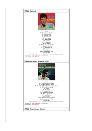 1966 - Spinout




                                           Faixas:
                               01 - Stop, Look and Listen
                                   02 - Adam and Evil
                                    03 - All That I Am
                                   04 - Never Say Yes
                                     05 - Am I Ready
                                    06 - Beach Shack
                                        07 - Spinout
                                    08 - Smorgasbord
                                     09 - I'll Be Back
                             10 - Tomorrow Is A Long Time
                                 11 - Down in the Alley
                                 12 - I'll Remember You
                                       Informações:
                                     Título: Spinout
                               Ano de Lançamento: 1966
                                      Formato: MP3
            Download: http://www.mediafire.com/download.php?qnnyiyc5dnz
PO S T AD O P O R NA NY M O RR I S O N     0 C O M E NT Á RI O S
MA R C AD O R E S : EL V I S PR E S LE Y




1966 - Paradise, Hawaiian Style




                                           Faixas:
                               01 - Paradise Hawaiian Style
                              02 - Queenie Wahine's Papaya
                      03 - Scratch My Back (Then I'll Scratch Yours)
                                04 - Drums Of The Islands
                                         05 - Datin'
                                       06 - Dog's Life
                                    07 - House Of Sand
                                 08 - Stop Where You Are
                                  09 - This Is My Heaven
                                     10 - Sand Castles
                                       Informações:
                             Título: Paradise, Hawaiian Style
                                Ano de Lançamento: 1966
                                       Formato: MP3
            Download: http://www.mediafire.com/download.php?jzoumlzhlnj
PO S T AD O P O R NA NY M O RR I S O N     0 C O M E NT Á RI O S
MA R C AD O R E S : EL V I S PR E S LE Y




1965 - Frankie And Johnny
 
