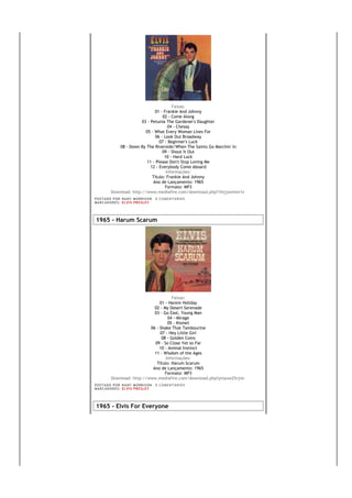 Faixas:
                                 01 - Frankie And Johnny
                                      02 - Come Along
                          03 - Petunia The Gardener's Daughter
                                         04 - Chesay
                            05 - What Every Woman Lives For
                                  06 - Look Out Broadway
                                    07 - Beginner's Luck
               08 - Down By The Riverside/When The Saints Go Marchin' In
                                      09 - Shout It Out
                                       10 - Hard Luck
                             11 - Please Don't Stop Loving Me
                               12 - Everybody Come Aboard
                                        Informações:
                                Título: Frankie And Johnny
                                Ano de Lançamento: 1965
                                       Formato: MP3
           Download: http://www.mediafire.com/download.php?1htjjwzmm1z
PO S T AD O P O R NA NY M O RR I S O N     0 C O M E NT Á RI O S
MA R C AD O R E S : EL V I S PR E S LE Y




1965 - Harum Scarum




                                         Faixas:
                                  01 - Harem Holiday
                               02 - My Desert Serenade
                               03 - Go East, Young Man
                                       04 - Mirage
                                      05 - Kismet
                             06 - Shake That Tambourine
                                  07 - Hey Little Girl
                                   08 - Golden Coins
                               09 - So Close Yet so Far
                                  10 - Animal Instinct
                               11 - Wisdom of the Ages
                                     Informações:
                                Título: Harum Scarum
                              Ano de Lançamento: 1965
                                     Formato: MP3
           Download: http://www.mediafire.com/download.php?ymyuw25rjnn
PO S T AD O P O R NA NY M O RR I S O N     0 C O M E NT Á RI O S
MA R C AD O R E S : EL V I S PR E S LE Y




1965 - Elvis For Everyone
 