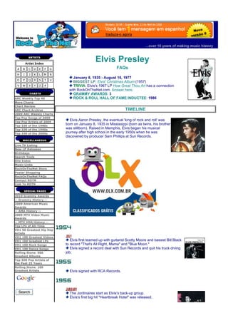 Artist Index
                                                   Elvis Presley
 A   B     C   D   E    F   G                                   FAQs
 H   I     J   K   L    M   N
                                     January 8, 1935 - August 16, 1977
 O   P     Q   R   S    T   U
                                     BIGGEST LP: Elvis' Christmas Album (1957)
 V   W     X   Y   Z    #            TRIVIA: Elvis's 1967 LP How Great Thou Art has a connection
                                  with RockOnTheNet.com. Answer here.
                                     GRAMMY AWARDS: 3
ARC Weekly Top 40                    ROCK & ROLL HALL OF FAME INDUCTEE: 1986
More Charts
Chart Review
ARC Chart Archive                                                     TIMELINE
2009 ARC Weekly Charts
Top Pop Songs of 2009
Top Pop Artists of 2009
                                   Elvis Aaron Presley, the eventual 'king of rock and roll' was
Top 100 of the 1980s
                                born on January 8, 1935 in Mississippi (born as twins, his brother
Top 100 of the 1990s            was stillborn). Raised in Memphis, Elvis began his musical
Top 100 of the 2000s            journey after high school in the early 1950s when he was
                                discovered by producer Sam Phillips at Sun Records.

Live TV Listing
New LP Releases
Birthdays
Search Tools
Site Index
Music Links
RockOnTheNet Store
Poster Shopping
RockOnTheNet FAQs
Contact ROTN
Link To ROTN



2010 Grammy Awards
-- Grammy History --
2009 American Music
Awards
-- AMA History --
2009 MTV Video Music
Awards
-- MTV VMA History --
Top LPs of All-Time
VH1 50 Greatest Hip Hop
Artists
VH1 100 Greatest Videos
VH1 100 Greatest LPs               Elvis first teamed up with guitarist Scotty Moore and bassist Bill Black
VH1 100 Rock Songs              to record "That's All Right, Mama" and "Blue Moon."
VH1 100 Dance Songs                Elvis signed a record deal with Sun Records and quit his truck drving
Rolling Stone: 500              job.
Greatest Albums
Top 500 Pop Artists of
the Past 25 Years
Rolling Stone: 100
Greatest Artists                  Elvis signed with RCA Records.




  Search                          The Jordinaires start as Elvis's back-up group.
                                  Elvis's first big hit "Heartbreak Hotel" was released.
 