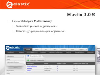 Elastix 3.0
• Funcionalidad para Multi-tenancy
• Superadmin gestiona organizaciones
• Recursos, grupos, usuarios por organización
 