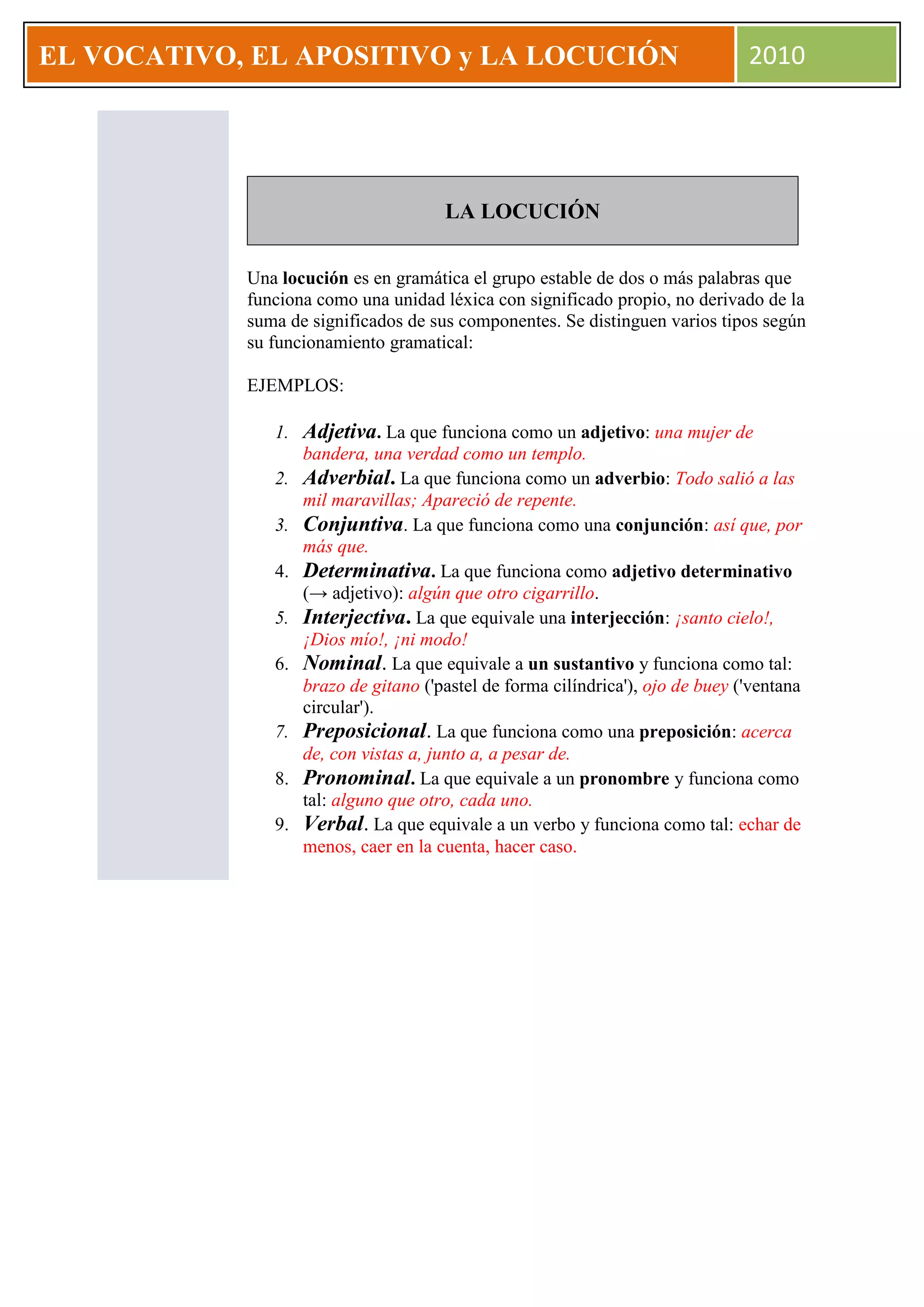 El Vocativo, La aposición y La locución | DOCX