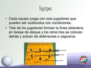 Equipos
• Cada equipo juega con seis jugadores que
pueden ser sustituidos con condiciones.
• Tres de los jugadores forman la línea delantera,
en tareas de ataque y los otros tres se colocan
detrás y actúan de defensores o zagueros.
 