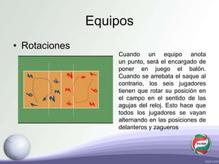 Equipos
• Rotaciones
Cuando un equipo anota
un punto, será el encargado de
poner en juego el balón.
Cuando se arrebata el saque al
contrario, los seis jugadores
tienen que rotar su posición en
el campo en el sentido de las
agujas del reloj. Esto hace que
todos los jugadores se vayan
alternando en las posiciones de
delanteros y zagueros
 
