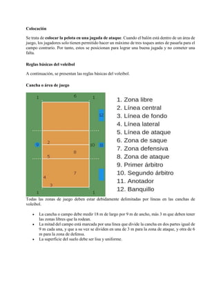 Colocación
Se trata de colocar la pelota en una jugada de ataque. Cuando el balón está dentro de un área de
juego, los jugadores solo tienen permitido hacer un máximo de tres toques antes de pasarla para el
campo contrario. Por tanto, estos se posicionan para lograr una buena jugada y no cometer una
falta.
Reglas básicas del voleibol
A continuación, se presentan las reglas básicas del voleibol.
Cancha o área de juego
Todas las zonas de juego deben estar debidamente delimitadas por líneas en las canchas de
voleibol.
 La cancha o campo debe medir 18 m de largo por 9 m de ancho, más 3 m que deben tener
las zonas libres que la rodean.
 La mitad del campo está marcada por una línea que divide la cancha en dos partes igual de
9 m cada una, y que a su vez se dividen en una de 3 m para la zona de ataque, y otra de 6
m para la zona de defensa.
 La superficie del suelo debe ser lisa y uniforme.
 