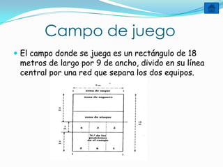 Campo de juego
 El campo donde se juega es un rectángulo de 18
 metros de largo por 9 de ancho, divido en su línea
 central por una red que separa los dos equipos.
 