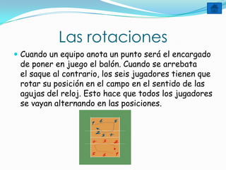 Las rotaciones
 Cuando un equipo anota un punto será el encargado
 de poner en juego el balón. Cuando se arrebata
 el saque al contrario, los seis jugadores tienen que
 rotar su posición en el campo en el sentido de las
 agujas del reloj. Esto hace que todos los jugadores
 se vayan alternando en las posiciones.
 